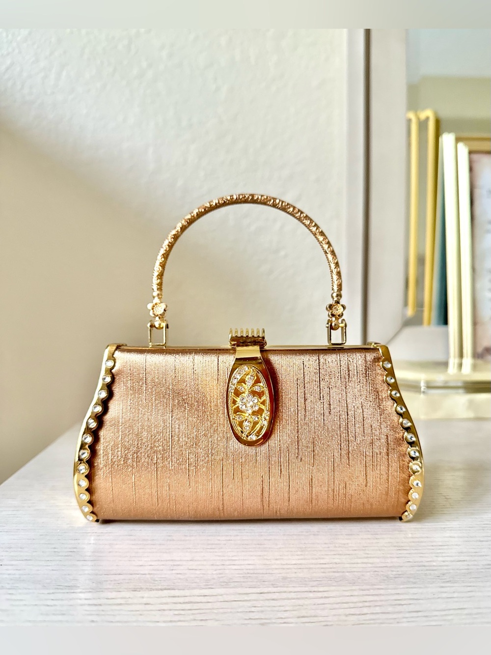 VINTAGE MINI GOLD & COPPER TONE CRYSTAL-EMBELLISHED PURSE METALLIC TOP HANDLE